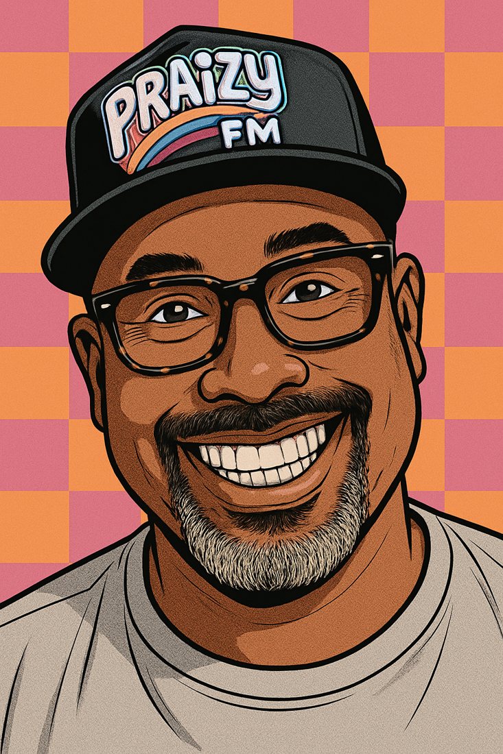 Illustrated portrait of Ren Young in a PRAIZY FM cap, smiling, on a pink and orange checkerboard background